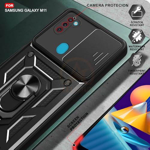 Image of Armor Bumper Back Cover Case for Samsung M11 | Rotating Camera Cover, Ring Holder & Kickstand | Heavy Duty & 360 Degree Protection Samsung M11 Back Cover (Black)