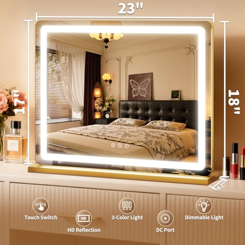 Image of ROLOVE Vanity Mirror with Lights, Lighted Vanity Mirror with Dimmable 3 Modes, LED Makeup Mirror, Touch Screen Control, for Makeup Desk, Dressing Room, Gold, 23x19 Inch