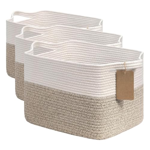 Image of Goodpick Woven Storage Basket, Cotton Rope Basket for Dog Toys, Books, Stylish Gift Basket with Handles, 13 x 10 x 9 Inches Square Baskets for Organizing, Brown and White (Pack of 3)
