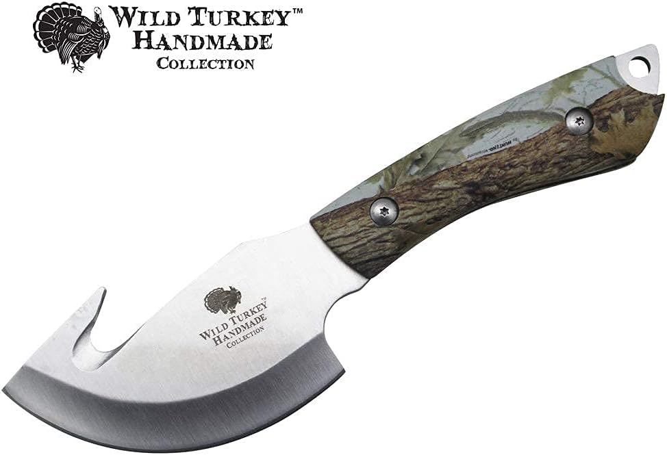 Wild Turkey Handmade Collection Full Tang Fixed Blade Gut Hook Skinner Knife w/Leather Sheath. (White)