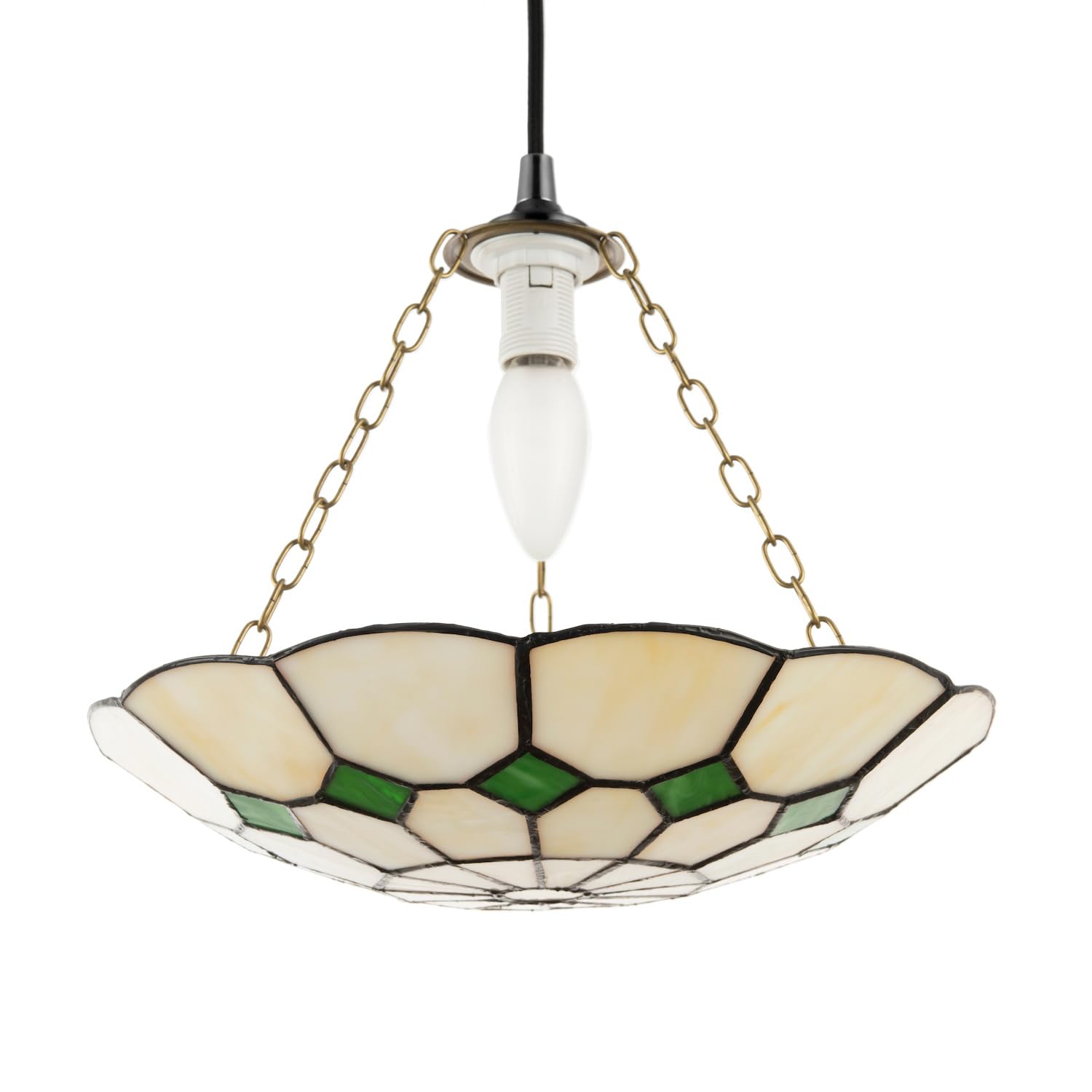 Tiffany Pendant Lighting Shade - Amber Stained Glass with Green Diamonds - 31cm Diameter
