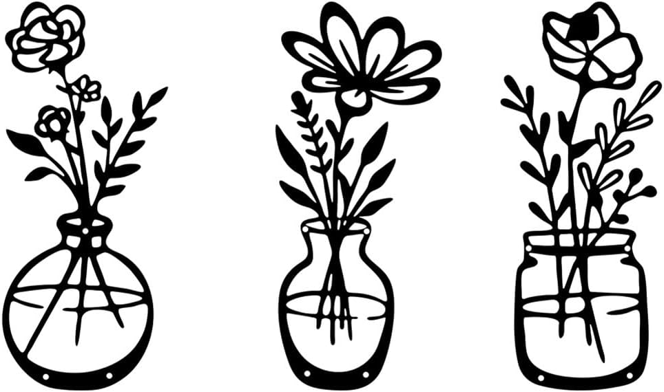 Pack of three Steel Flowers Wall Artwork Decor 11.8 Inch Black Iron Steel Flowers Vase Wall Decoration Line Artwork Wall Sculptures for Kitchen Lavatory Bed room Residing Room Black