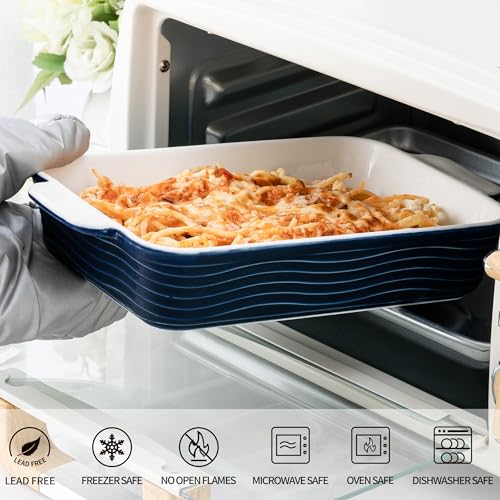 Jemirry Ceramic Baking Dish Set of 3, Casserole Dishes for Oven, Square Porcelain Bakeware Set with Handles, Lasagna Baking pan for Cooking, Perfect for Baking and Serving, Housewarming, Halloween, Thanksgiving, Christmas, New Year-Blue