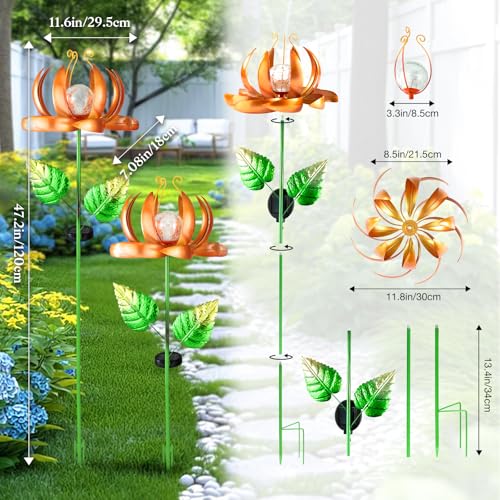 Image of Solar Yard Lights Wind Spinners- Metal Lotus Flower Garden Decor LED Crackle Glass Globe Yard Art Sculpture Solar Stake Lights for Patio Pathway Lawn Walkway (Yellow-Large)