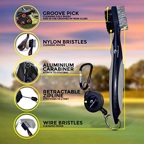 Procella Golf Club Brush and Groove Cleaner, 2 Ft Retractable Zip-line and Aluminum Carabiner, Golf Club Cleaner for Irons & Woods, Nylon & Wire Golf Club Cleaning Brush, Easily Attaches to Golf Bag