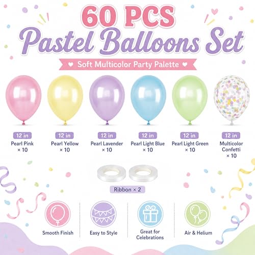 Image of Pastel Balloons, 60Pcs Colorful Balloon, 12 Inch Latex Pearl Yellow Purple Pink Blue Green Multicolor Confetti Balloons Helium for Kids Baby Shower Birthday Wedding Easter Pastel Party Decorations