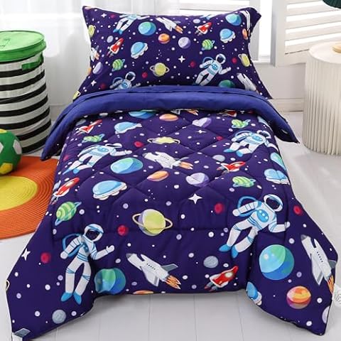 Wowelife Space Toddler Bedding Sets for Boys Girls Blue Outer Space Toddler Bed Set Astronaut Galaxy Toddler Comforter Set Super Soft and Comfortable for Toddler Cover
