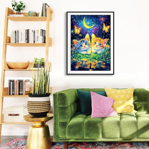 Image of SANYUN Diamond Painting Kits for Adults Cat,Moon Diamond Art Paintings,Two Cats and Butterfly Full Drill Gem Painting Kit for Relaxation,Suitable for Gift and Home Wall Decor(12x16inch)