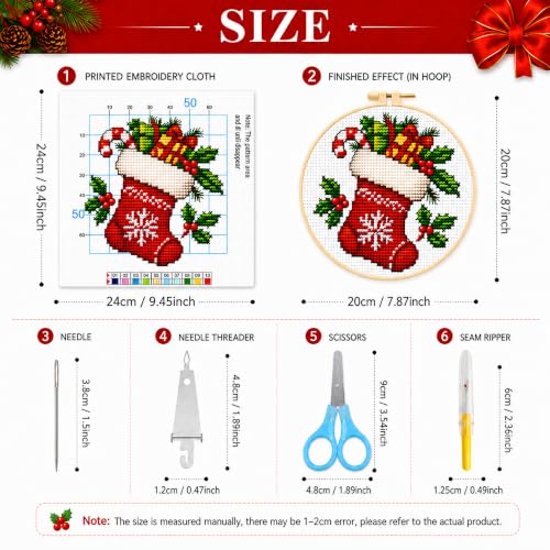 Image of Zhenqing 4 Christmas Cross Stitch Kit, 11CT Stamped Holiday Set | 4 festive 11CT printed designs with 30% extra floss, tools, English guides, and stiffened fabric for hoop-free stitching.