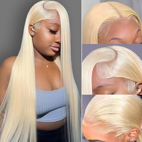 Image of 28 Inch 613 Lace Front Wig Human Hair Blonde Straight 13X6 HD Transparent Lace Front Wigs Human Hair 180% Density Blonde Glueless Wigs Natural Hairline