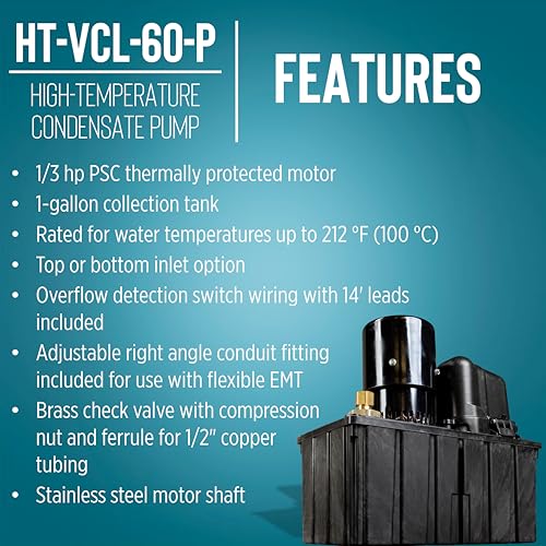Image of Little Giant HT-VCL-60-P 1 /3 HP, 115-Volt, 575 GPH, 62-Ft. Shutoff, High Temperature Plenum Condensate Pump with 14-Ft. Lead Wires, Black, 553160101