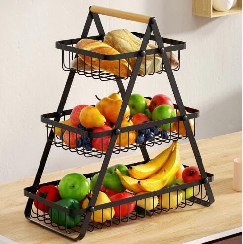 3 Tier Fruit Basket,Detachable Mesh Vegetable Rack With Wooden Handle,Bread Basket,Metal Fruit Bowl Holder,Countertop Holder for Kitchen, Organize Vegetables,Snacks(33.5×17.5×47cm,Black)