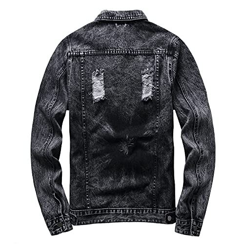Image of RANMCC Men's Elastic Ripped Denim Jacket, Vintage Washed Frayed Trucker Coat, Lightweight Casual All Season Street Outerwear