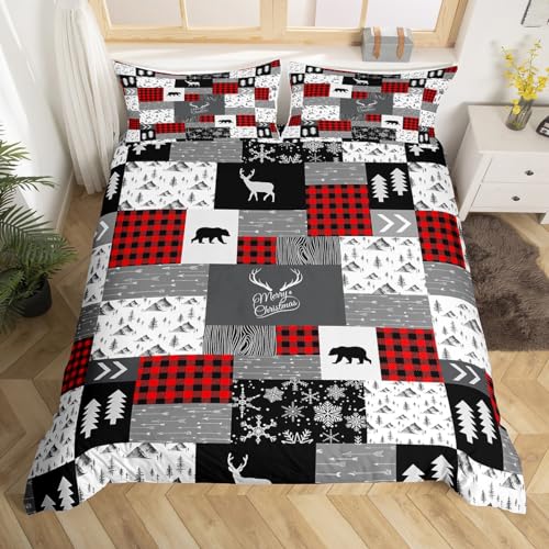 Merry Christmas Kids Duvet Cover Set Full Size,Deer Bear Rustic Farmhouse Bedding Set,Boys Girls Women Room Decor,Snowflake Plaids Patchwork Xmas Comforter Cover,Red Retro Quilt Cover,2 Pillowcases