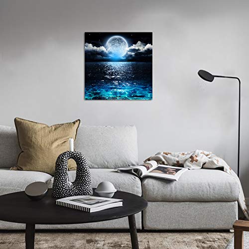 Moon Decor Led Wall Art - Seascape Picture Ocean Bathroom Decorations Office Kids Room Dorm Modern Abstract Prints Poster Moonlight Lighted Painting Space Canvas Giclee Artwork 11.6X11.6Inch Framed #TOP6