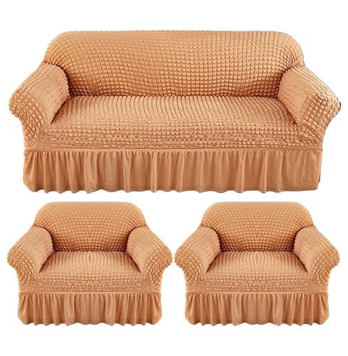 B BESTILO Turkish Bubble Sofa Cover 3 Seater and 2 Seater Fully Covered 5 Seater Sofa Cover Non-Slip Sticky Elastic Stretchable Sofa Set Imported Slipcover Protector (3+1+1 Seater) (Beige)