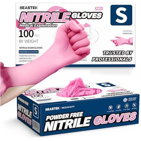 Beastek Nitrile Disposable Gloves, 4 mil Pink Powder-Free Latex-Free Medical Food Grade Cleaning Esthetician Glove, 100 Pcs (Small) Cover