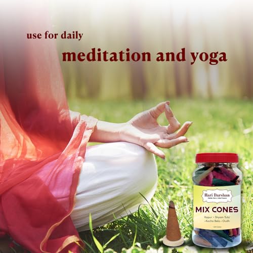 Image of Hari Darshan Mix Dhoop Cones for Pooja with Traditional Chemical-Free - Kapur Shyam Tulsi Kacha Bela Oudh - Long Lasting Natural Aroma Dhoop Cone Set - Pack of 2 Jars, 120 Cones Each (Total 240 Cones)