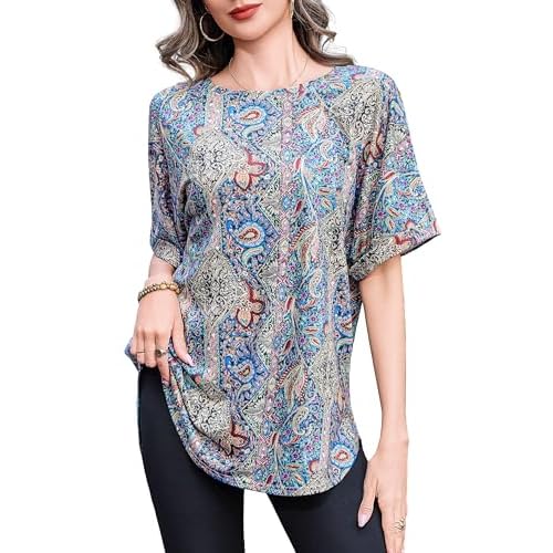 Totatuit Women Printed Oversized Tshirts Casual Crew Neck Rolled Short Sleeve Basic Tee Shirts Cute Loose Summer Boho Tops
