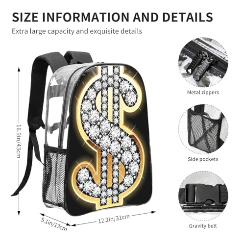 Sac à dos PVC transparent dollar doré unisexe pour événements - 4