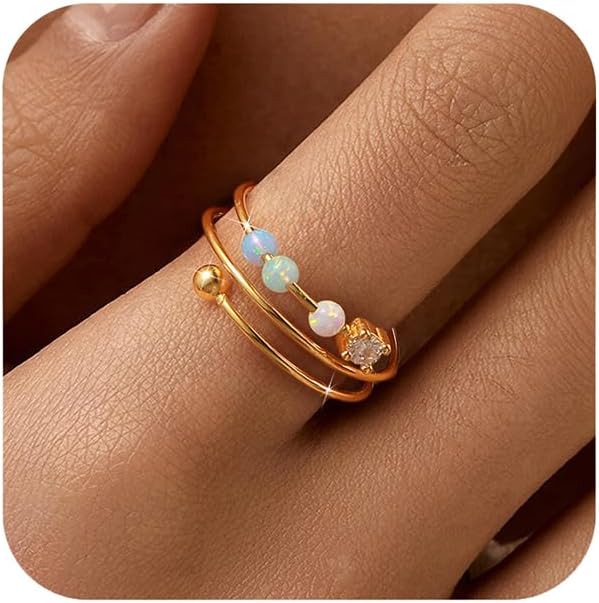LOVECOM 14K Gold Plated Filled Fidget Rings With Opal S925 Sterling Silver Adjustable Open Anxiety Ring for Women Cute Stress Relieving Spinner Ring With Beads Jewelry Christmas Gifts for Mom