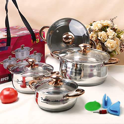 Upgraded Version 8 Pcs Pots Set Nonstick,Premium Stainless Steel Pots,Pot Sets for Cooking Nonstick Clearance with Stainless Steel Handle and Glass Lidï¼1.5Qt,2.0Qt,3.0Qt,5Qtï¼