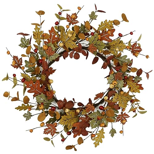 WreathDream 20 inch Artificial Fall Wreath eucalyptus wreath Autumn door wreath with wooden maple leaves,eucalyptus leaves,berry for indoor outdoor Home Farmhouse Decor