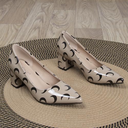 Pointed Toe Low Block Pumps for Women 2 Inch Closed Toe Slip-On Heels with Moon Print Comfortable Patent Leather Dress Heels Work Dating Party Shoes2