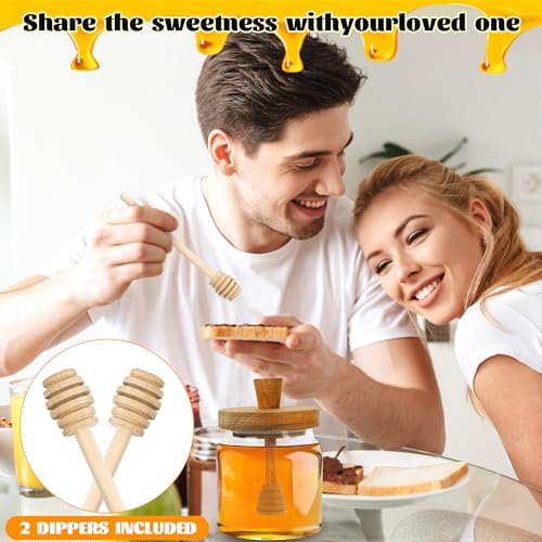 Loscarol Honey Pot with Dipper and Lid - 18oz Glass Honey Jar with Wooden Honey Dippers Stick Set, Wide Mouth Honey Containers - Airtight Syrup Dispenser for Home Kitchen