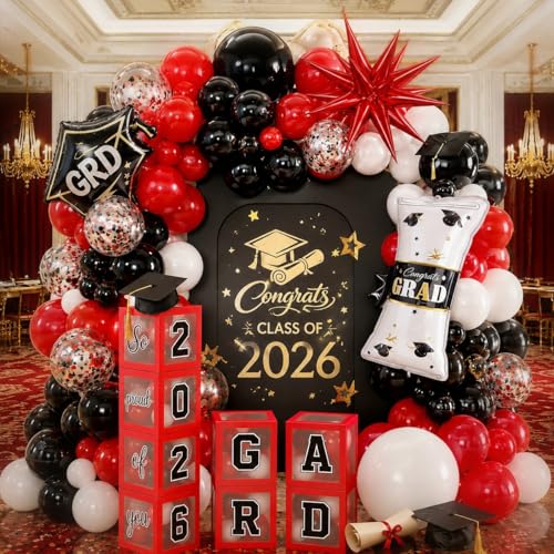 Kit arche de ballons rouge et noir pour réussir votre décoration de diplôme sans stress