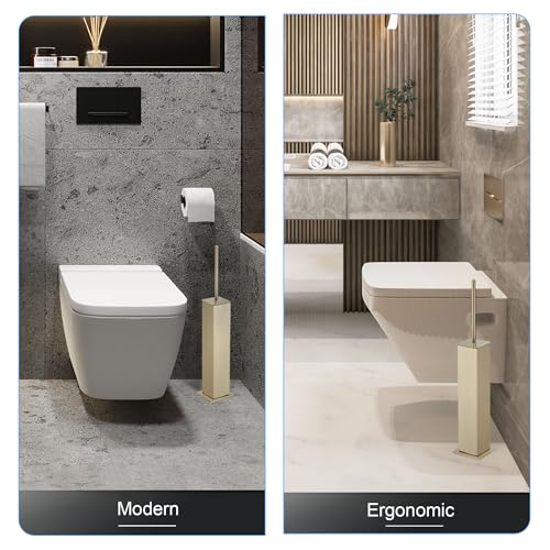 Image of BVL Toilet Brush and Holder Set Brushed Gold Stainless Steel 304 Square Freestanding Toilet Brush for Bathroom
