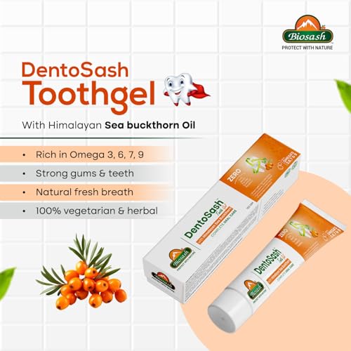 Image of Biosash Ayurvedic Herbal Gum Care Toothpaste, 150gm | Himalayan Sea Buckthorn Berry, Tulsi & Neem, Teeth Whitening, Natural Formula, No Fluoride