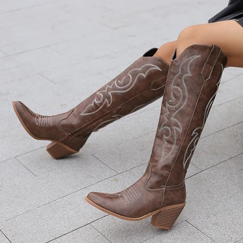 Cozivwaiy Embroidered Cowboy Boots For Women Chunky Stacked Heels Western Boot Pull on Cowgirl Boots Vintage4