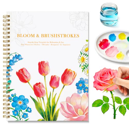 Creazic Watercolor Workbook for Beginners, Floral Water Coloring Book, 16 Sheets, 140lb/300gsm Cold Press Watercolor Paper, Step-by-Step Watercolor Guide for Stress Relief & Fun Painting (Book Only)