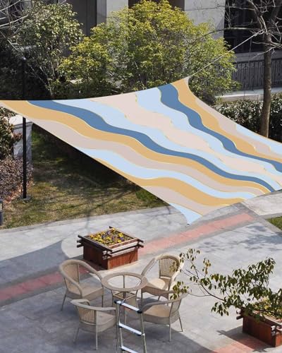 Waterproof Sun Shade Sail Blue Brown Ripple Stripes Outdoor Patio Sun Shades Canopy UV Block Water Resistant Sunshade for Garden Backyard Deck Pergola 6.5x10 Ft