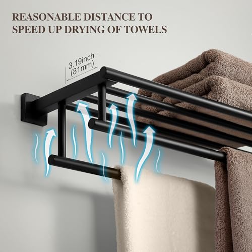 SEIDO 32 Inch Wall Mounted Towel Rack with Shelf, 2-Tier Bathroom Organizer with Double Towel Bar, Rustproof 304 Stainless Steel Towel Shelf, Heavy Duty Matte Black Towel Holder for Bathroom by SEIDO - Used condition - Image 5