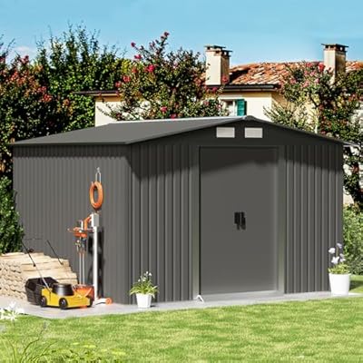 YONUNYE 8' X 10' Outdoor Storage Shed, Garden Tool Shed with Double Sliding Door and Sloping Roof, Metal Shed for Backyard Patio Lawn to Store Utility and Tools, Grey