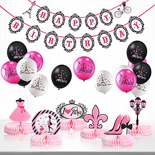 Clabby 26 Pcs Paris Birthday Party Decorations Set Honeycomb Centerpiece Table Topper Happy Birthday Banner Eiffel Tower Balloons Decor for Wedding Baby Shower Theme Party Supplies