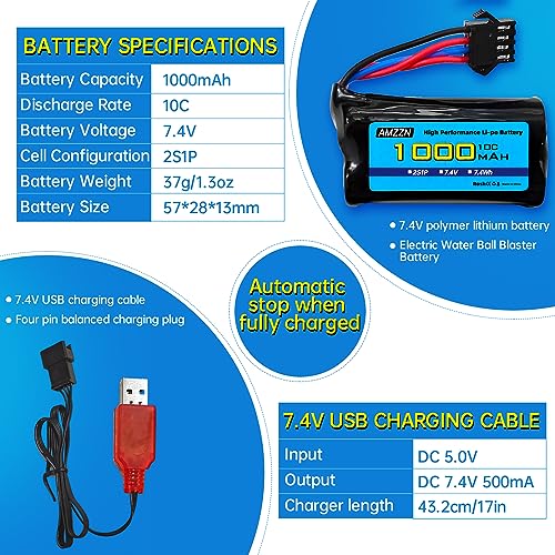 Lot 2 Batteries 7,4V 2S 1000mAh SM-4P + 2 Câbles USB – Pour Pistolet M416 à Billes De Gel, Voiture RC EC16 DE85