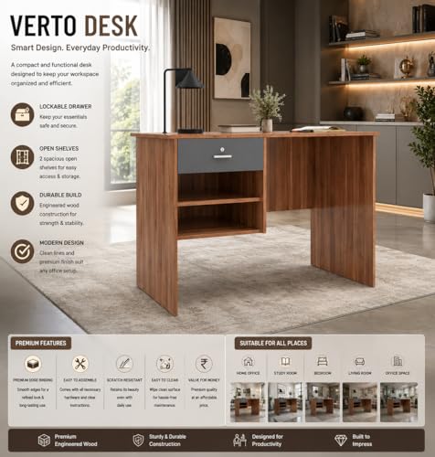 Image of 116x75x56CM Engineered Wood Verto Study & Office Table with Smooth Lockable Drawer and 2 Shelves for Storage | Sturdy DIY Counter, Commercial Table- Lyon Walnut with Grey