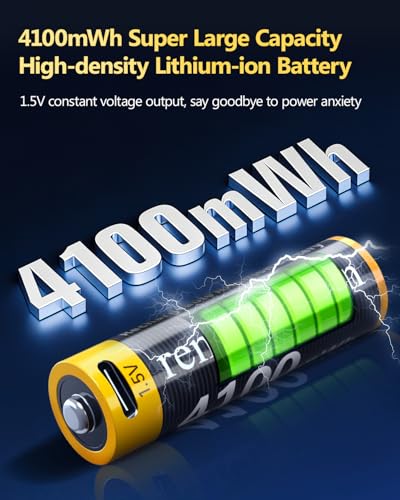 remGretivon USB C Rechargeable AA Batteries 4 Pack, 4100mWh 1.5V Constant Output Lithium Ion Battery, 2.5H Fast Charging Double A Rechargeable Batteries with 4-in-1 Cable, 1500 Cycles