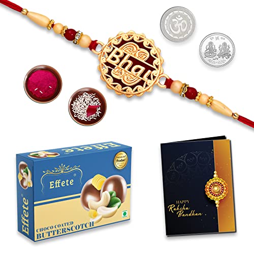 Image of DeoDap Multicolor Bhai Coded Rakhi Bracelet Roli with Chocolate Butter Scotch 32gm, Silver Pooja Coin, Tilak Set, Greeting Card - Rakhi Gift for Brother