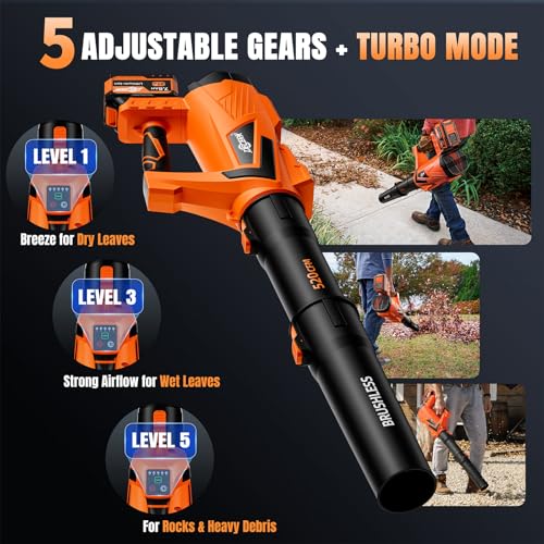 Image of 17000 RPM Cordless Leaf Blower with DECERK 7.8AH Battery - 530CFM Powerful Brushless Motor for Lawn Care, 5-Speed Turbo Electric Blower for Dust, Wet-Leaves, Car, Gutters, Lightweight Garden Tool