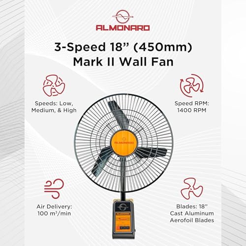 Image of Almonard Mark II 450mm Wall Fan | High Speed | 80 W | Heavy duty | Full Copper Winding Motor | 1400 RPM | Aluminium Metal Blades | Wall Mounting Fan | For Home & Office | 1 Year Warranty (Black)