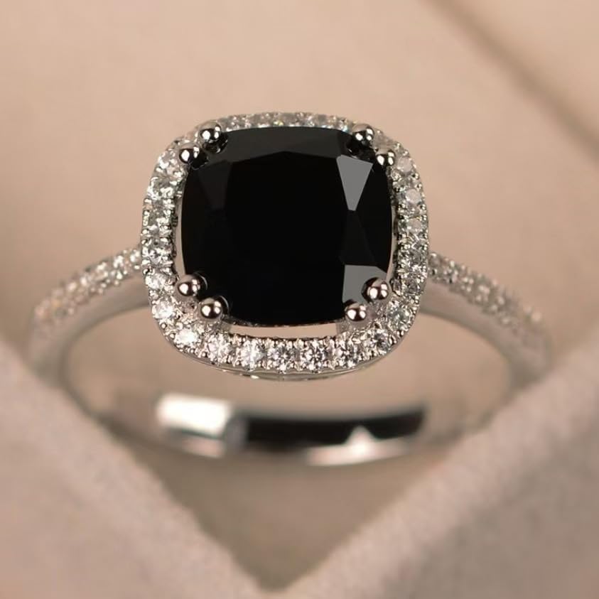 Gziweuwi 925 Sterling Silver Classic Ring Black Square Zircon Black Onyx Inlaid Simulated Diamond Ring for Women Black Agate Cubic Zirconia Promise Ring Jewelry-Making-Patterns 6