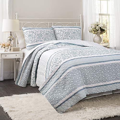 Lush Decor Nisha Reversible Cotton Quilt King Size 3 Piece Set Blue - Striped Bedding Set King Quilt - Blue Quilts - Cottage Core Bedroom Decor - Image 3