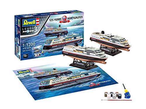 Preisvergleich Produktbild Revell 05692 Jubiläumsset HURTIGRUTEN 125th Anniversary originalgetreuer Modellbausatz für Einsteiger, mit Basis-Zubehör, Mehrfarbig