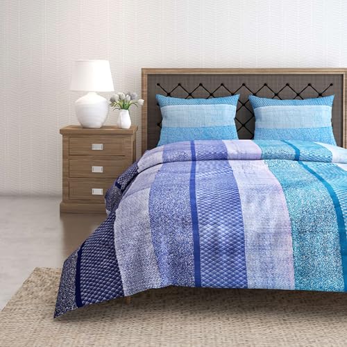 Image of Swayam Pure Cotton King Bedsheet with 2 Pillow Covers | Size 108 x 108 inch | 160 TC | Striped Design | Soft Breathable Bed Sheet | Comfortable & Durable for Bedroom - Blue