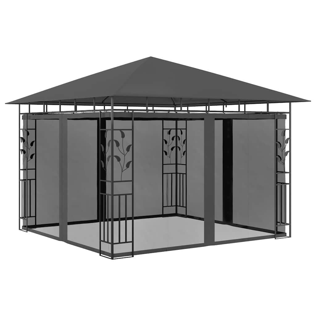Pavillon 3x3m mit Moskitonetz und Lichterkette, Stabiles Gartenzelt aus pulverbeschichtetem Stahl, Überdachung für Garten und Terrasse, Gartenlaube, Anthrazit