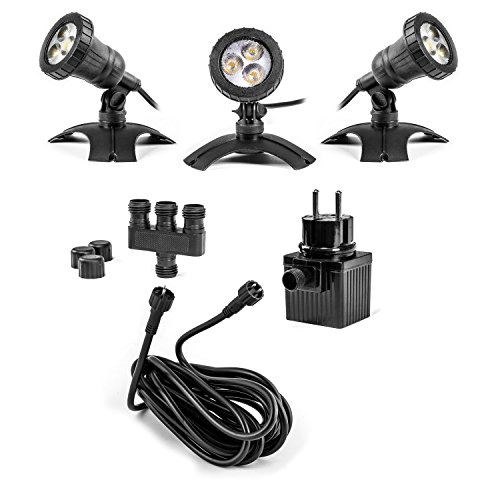 Preisvergleich Produktbild LED Strahler 3-er Set Unterwasser Teichleuchten Unterwasserstrahler Beleuchtung Wasserfall, Gartenteich, Wasserspiele etc. oder Objekte an Land, komplett wasserdicht, 12V AC, Sicherheitstrafo